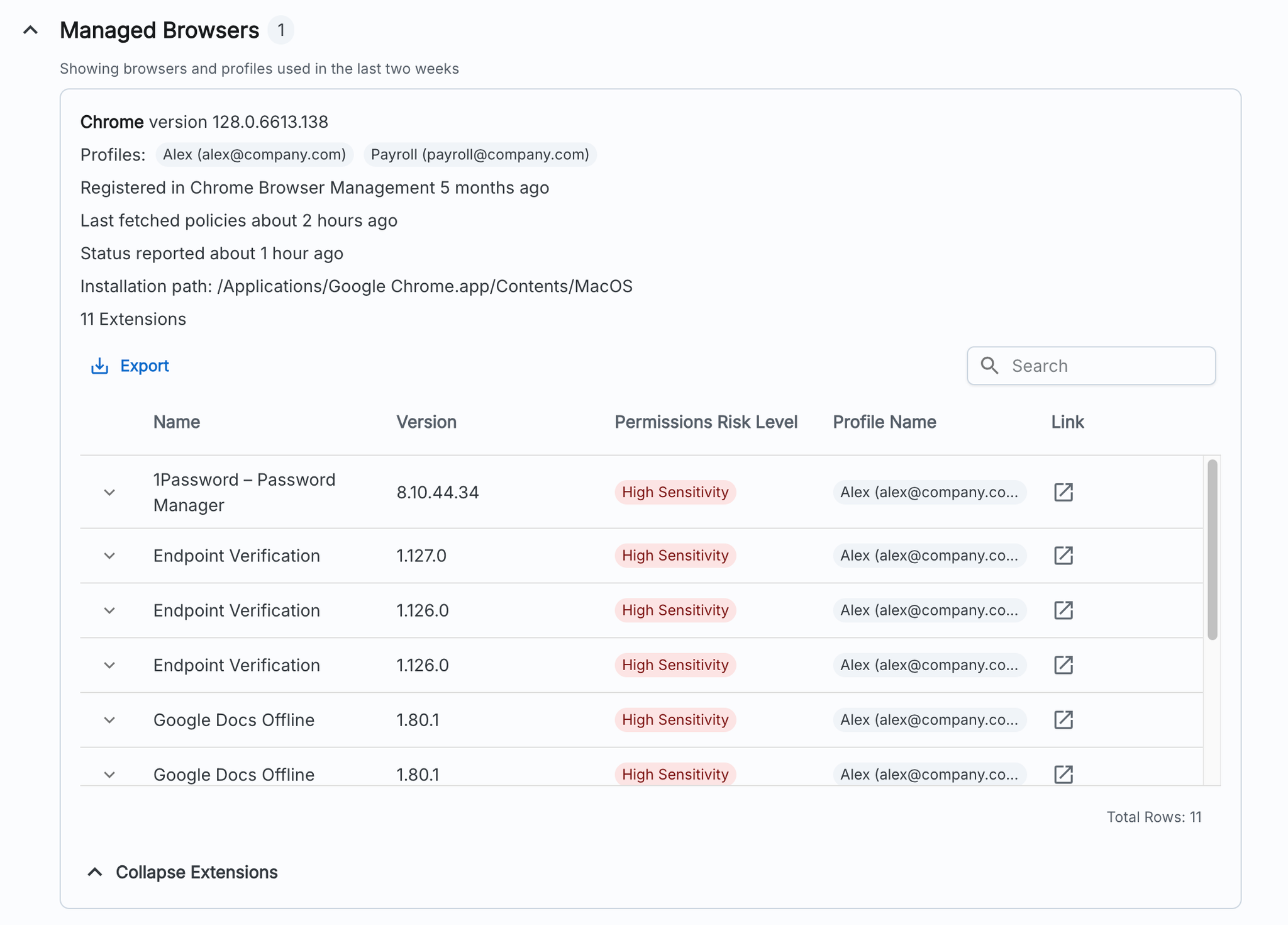 View managed browsers and extensions on a per-device level