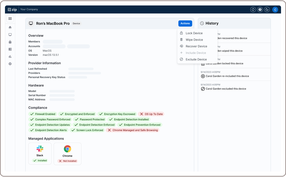Zip app featuring the device page