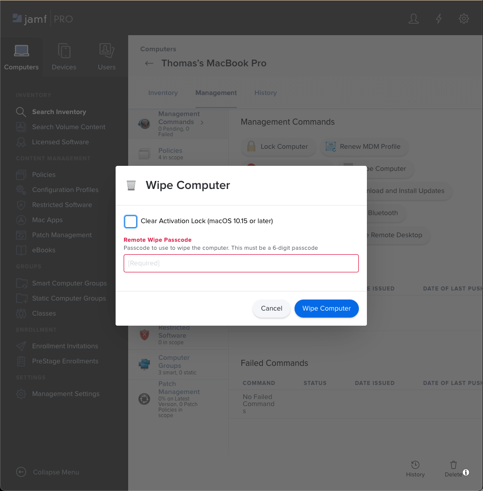 Computer wipe command dialog
