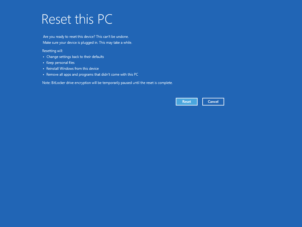 Select Reset to begin the reinstallation process