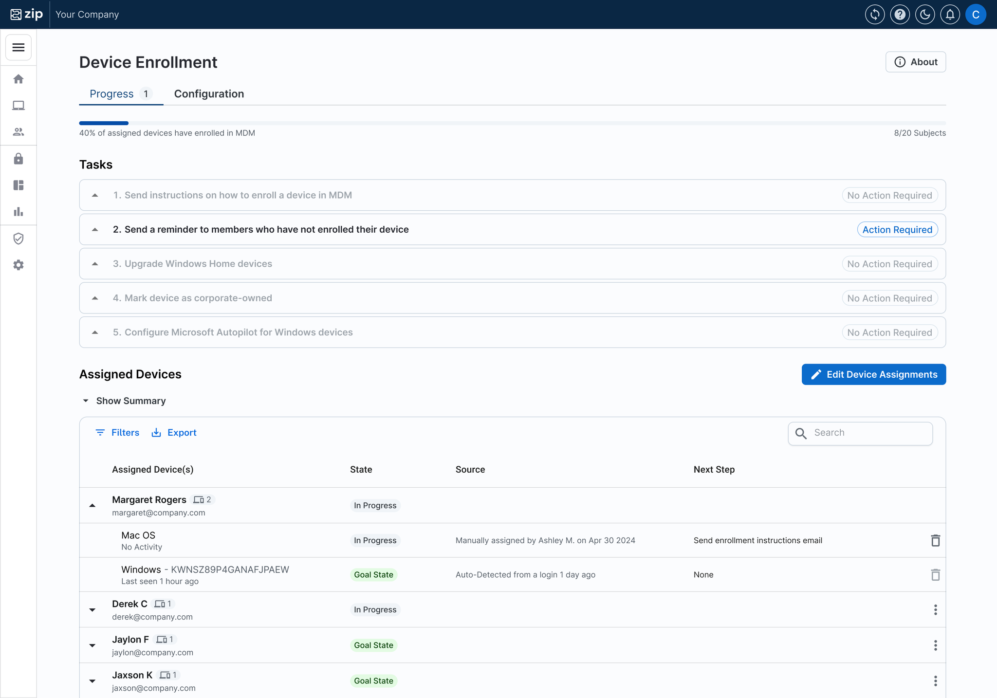 The Device Enrollment Control with Tasks and the Assigned Devices progress tracker