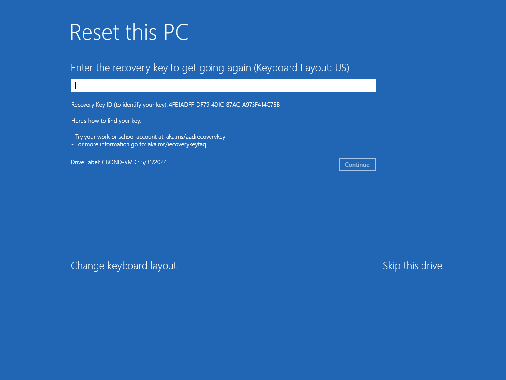 Enter the 48 digit Bitlocker Recovery Key. Note the Recovery Key ID, as that names the specific recovery key you need.